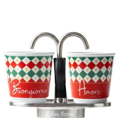 Гейзерная кофеварка Bialetti Set Mini Express Tricolore 90 мл. + 2 чашки