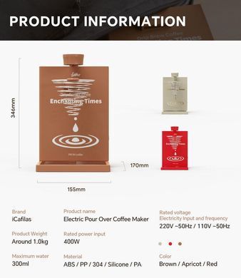 Автоматическая капельная Кофеварка iCafilas Pour Over Coffee Maker 300 мл Red
